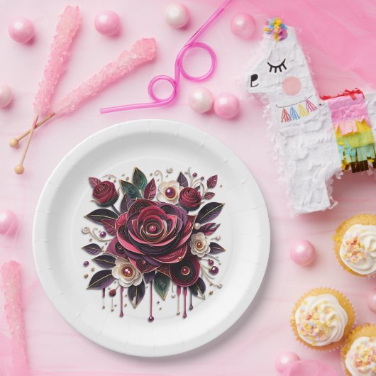 Mooie bordeauxroze rozen bloemig papieren bordje (Feest)