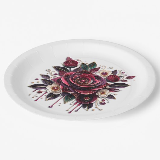 Mooie bordeauxroze rozen bloemig papieren bordje (Gekanteld)