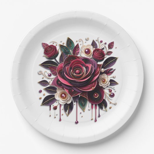 Mooie bordeauxroze rozen bloemig papieren bordje (Voorkant)
