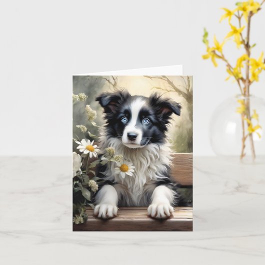 Mooie Border Collie Hond Bloemen Blank Groet Kaart (Gele Bloem)