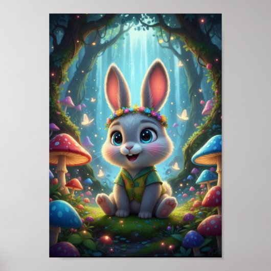 Mooie Bos Konijn Bloem Fantasy Poster (Voorkant)