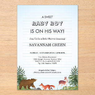 Mooie bosdieren baby jongen shower ontwerp acryl uitnodigingen