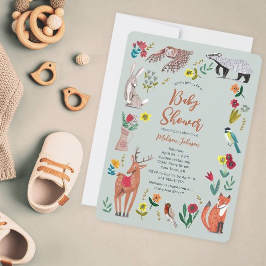 Mooie bosdieren blauwe babyshower uitnodiging