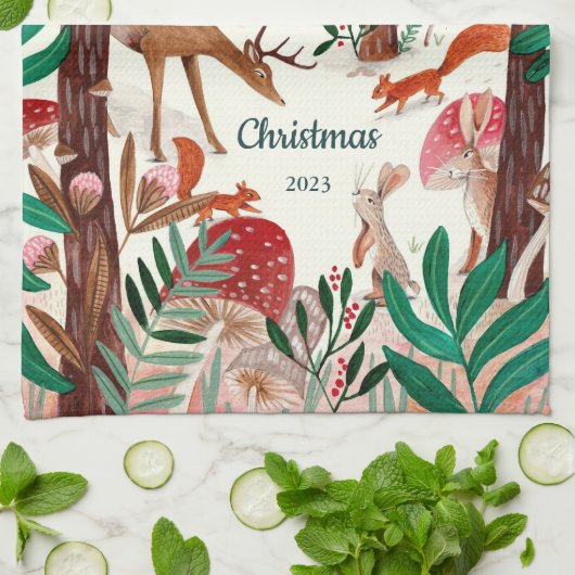 Mooie bosdieren Kerstwoud Theedoek (Gevouwen)