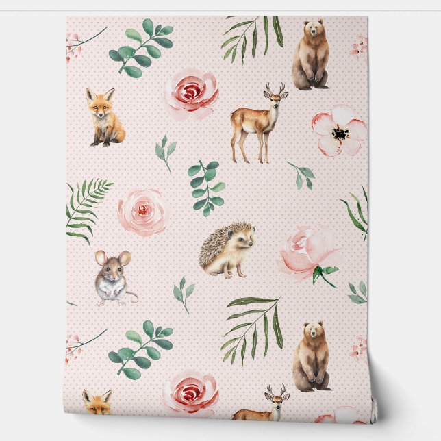 Mooie bosdieren roze behang (Afrollen)