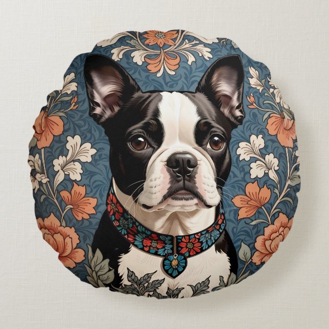 Mooie Boston Terrier William Morris Geïnspireerd Rond Kussen (Voorkant)
