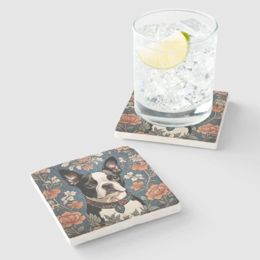 Mooie Boston Terrier William Morris Geïnspireerd Stenen Onderzetter (Zijkant)