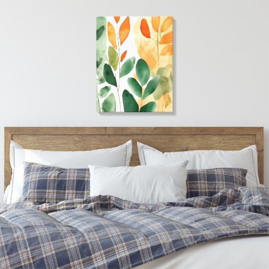 Mooie Botanicals in Groen & Sinaasappel, Canvas Ar (Insitu (Slaapkamer))