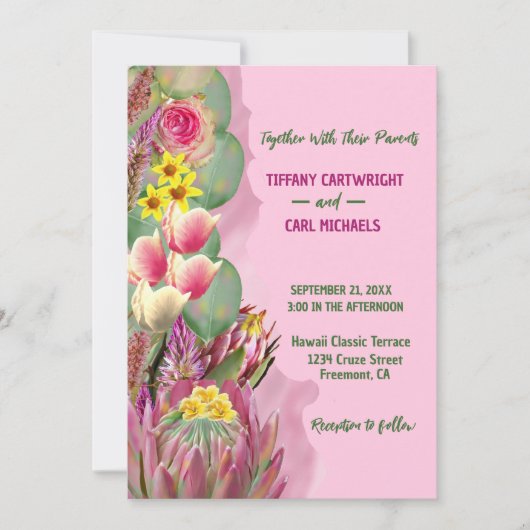 Mooie Botanische Bloem Tuin Roze Bruiloft Kaart (Voorkant)