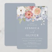 Mooie Botanische Bloemen Stoffige Blauwe Bruiloft Kaart (Voorkant / Achterkant)