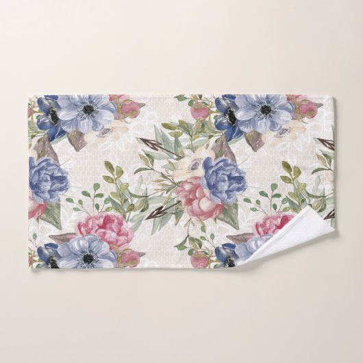 Mooie botanische roze en blauwe bloemen bad handdoek (Handdoek)