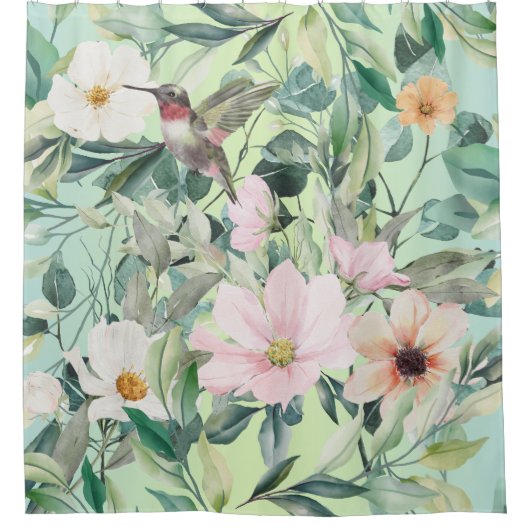 Mooie botanische wilde bloemen en kolibrie douchegordijn (Voorkant)