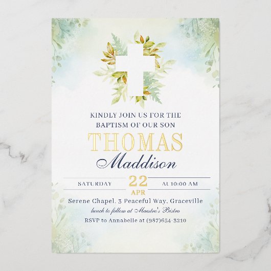 Mooie botanische witte kruis doop folie uitnodiging (Voorkant)