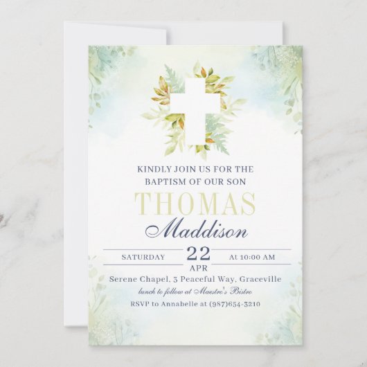 Mooie botanische witte kruis doop kaart (Voorkant)