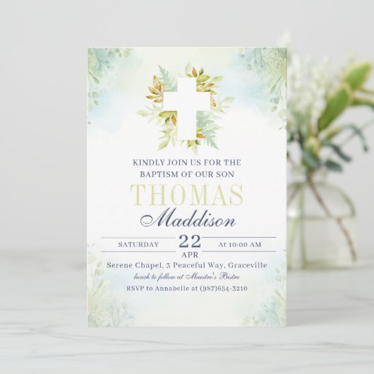 Mooie botanische witte kruis doop kaart (Staand voorkant)