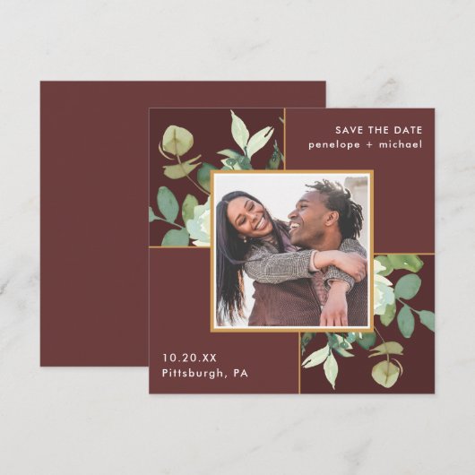 Mooie Bourgogne met groen Foto Bruiloft Save The Date (Voorkant / Achterkant)