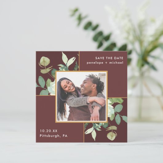 Mooie Bourgogne met groen Foto Bruiloft Save The Date (Staand voorkant)