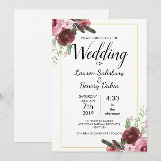 Mooie Bourgondische bloemenbruiloft personaliseren Kaart (Voorkant / Achterkant)