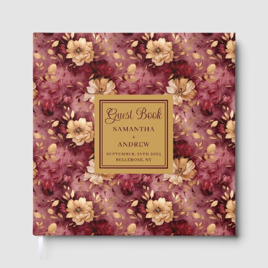Mooie Bourgondische Blush Gouden Bloemen bruiloft Gastenboek (Voorkant)