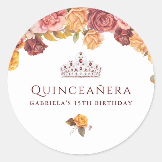Mooie Bourgondische en gele Rose Quinceanera Ronde Sticker (Voorkant)