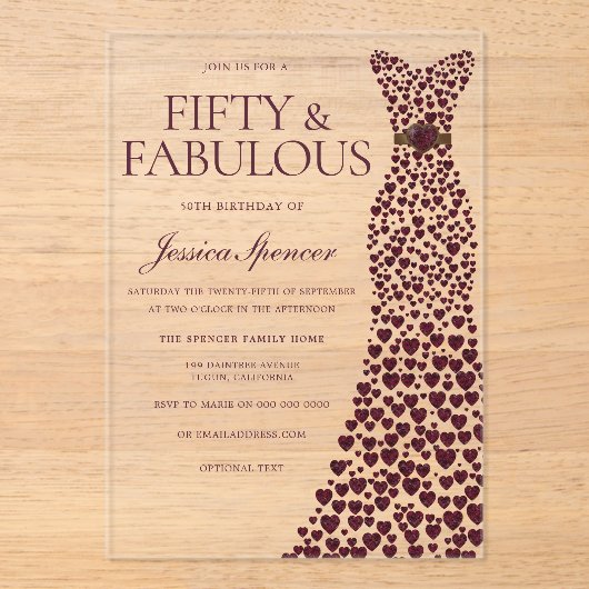 Mooie Bourgondische jurk Elegant 50ste verjaardag Acryl Uitnodigingen (Voorkant)