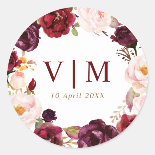 Mooie Bourgondische rode bloemenbruiloft sticker (Voorkant)