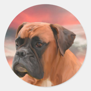 Mooie Boxer Hond Water Kleur Olie Schilderij Kunst Ronde Sticker