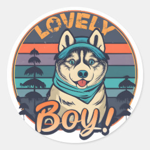 Mooie Boy Cool Retro Husky Puppy Ronde Sticker