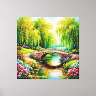 Mooie brug in een bloeiend landschap canvas afdruk