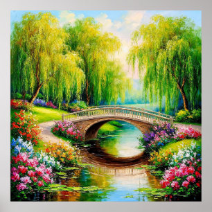 Mooie brug in een bloeiend landschap poster