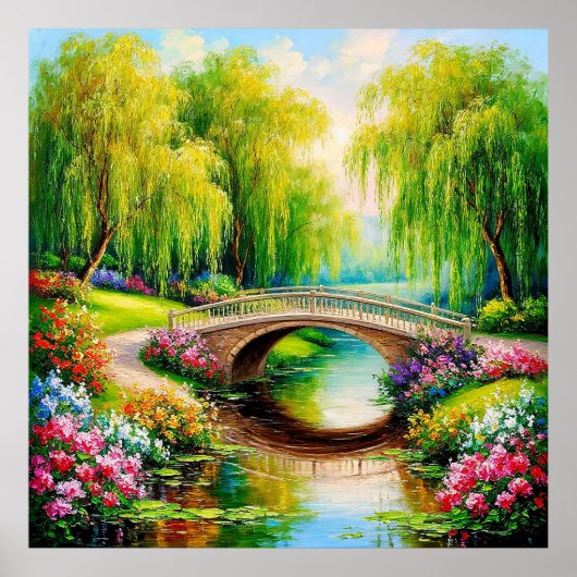 Mooie brug in een bloeiend landschap poster (Voorkant)