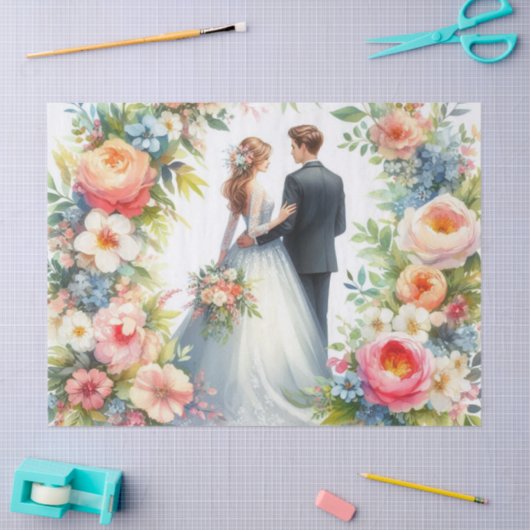Mooie bruid en bruidegom bloemenbruiloft tissuepapier (Craft)