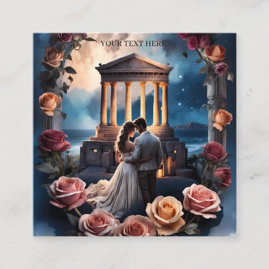 Mooie bruid en bruidegom staande aan zee informatiekaartje (Voorkant)