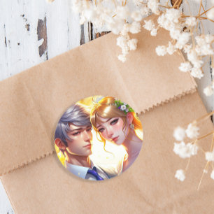 Mooie bruid en knappe bruidegom Anime-koppel Ronde Sticker