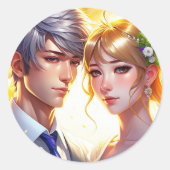 Mooie bruid en knappe bruidegom Anime-koppel Ronde Sticker (Voorkant)
