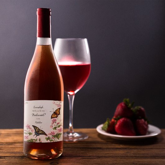 Mooie bruidsmeisje voorstel bloemenvlinders wijn etiket