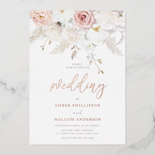 Mooie bruiloft bloemen echt Roos goud Folie Uitnodiging (Voorkant)
