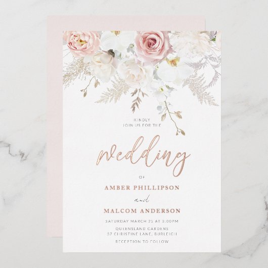 Mooie bruiloft bloemen echt Roos goud Folie Uitnodiging (Voorkant / Achterkant)