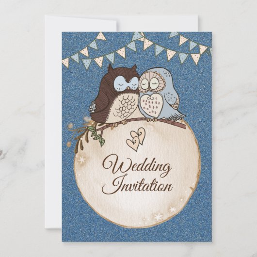 Mooie bruiloft Blue Brown Owl Glitter Kaart (Voorkant)