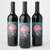 Mooie bruiloft tropische bloem zonsondergang krans wijn etiket (Flessen)