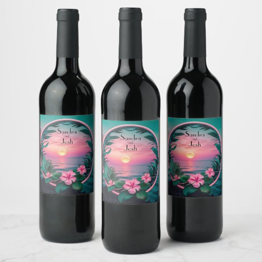 Mooie bruiloft tropische bloem zonsondergang krans wijn etiket (Flessen)