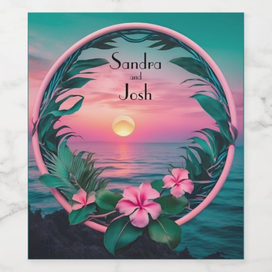 Mooie bruiloft tropische bloem zonsondergang krans wijn etiket (Enkel label)