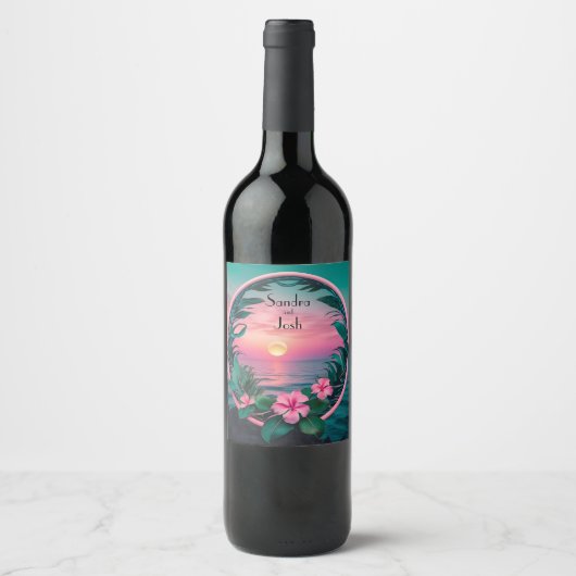 Mooie bruiloft tropische bloem zonsondergang krans wijn etiket (Voorkant)