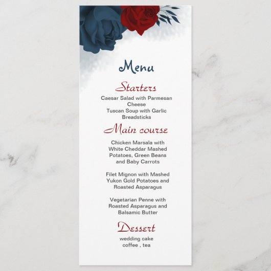 mooie bruiloft voor rode en marinebloemen menu (Voorkant)
