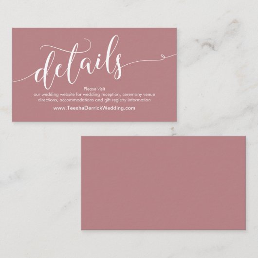 Mooie bruiloft website details, stoffig Roos Informatiekaartje (Voorkant / Achterkant)