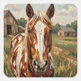 Mooie bruine en witte paard op een rustieke boerde vierkante sticker