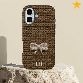 Mooie Bruine Gehaakte Boog Garens Aangepaste Naam iPhone 16 Hoesje