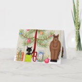Mooie bruine paard en katten stal Kerstmis Feestdagen Kaart (Voorkant)