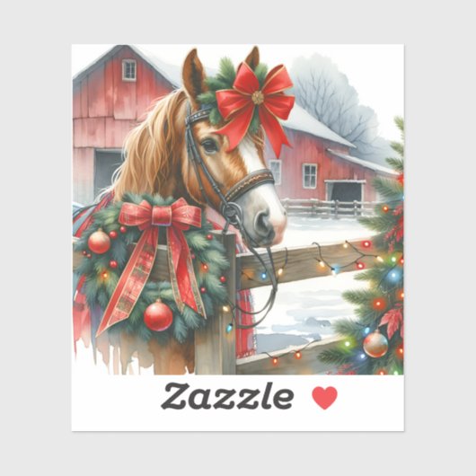 Mooie bruine paard in rode strik Kerstmis Sticker (Vel)