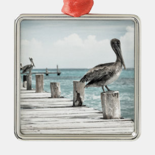 Mooie bruine Pelicans Ocean Coastal Beach Metalen Ornament